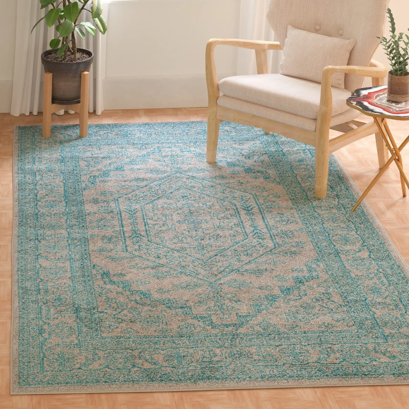 Safavieh Medallion Indoor Woven Rectangle Area Rug, Adirondack Collection, ADR108, in Light Grey/Teal, 91 X 152 cm for Living Room, Bedroom or Any Indoor Space