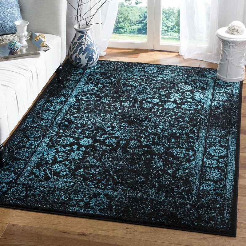 Safavieh Distressed Vintage Indoor Woven Rectangle Area Rug, Adirondack Collection, ADR109, in Black/Teal, 155 X 229 cm for Living Room, Bedroom or Any Indoor Space