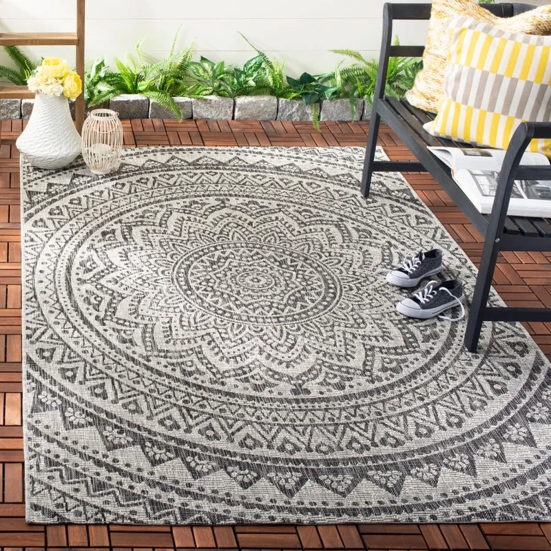 Safavieh Contemporary Indoor/Outdoor Woven Rectangle Area Rug, Courtyard Collection, CY8734, in Light Grey / Black, 201 X 290 cm for Garden, Patio or Any Outdoor Space