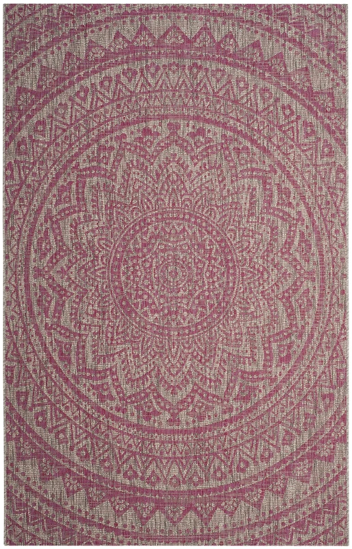 Safavieh Contemporary Indoor/Outdoor Woven Rectangle Area Rug, Courtyard Collection, CY8734, in Light Grey / Fuchsia, 79 X 152 cm for Garden, Patio or Any Outdoor Space