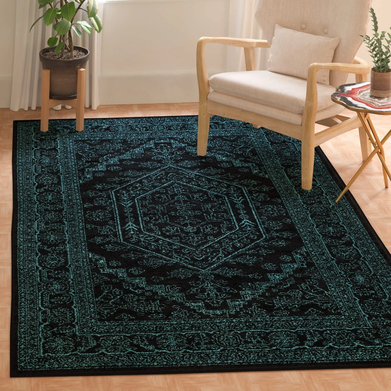 Safavieh Medallion Indoor Woven Rectangle Area Rug, Adirondack Collection, ADR108, in Black/Teal, 91 X 152 cm for Living Room, Bedroom or Any Indoor Space
