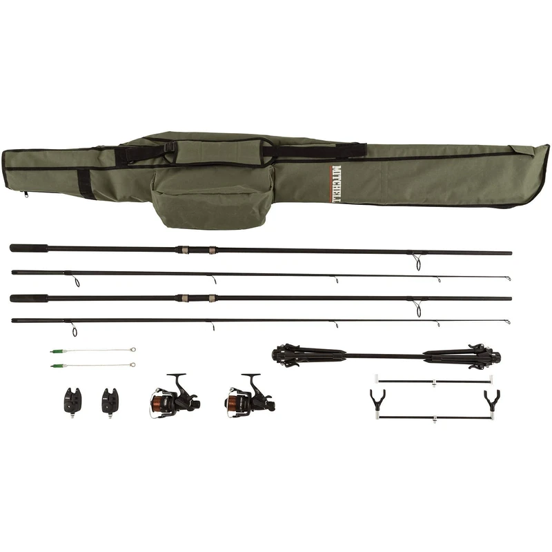 Mitchell GT Pro Carp Fishing Set, 2 Rods & Reels Combo with Pre-Spooled Line, Adjustable Rod Holder, Bite Alarms & Hangers, Beginner-Friendly Complete Carp Fishing Kit for Lakes & Rivers