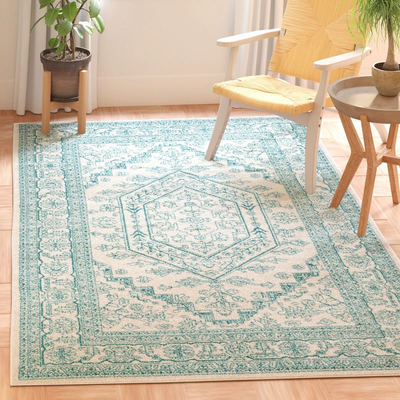 Safavieh Medallion Rug for Living Room, Dining Room, Bedroom - Adirondack Collection, Short Pile, in Ivory and Teal, 91 X 152 cm