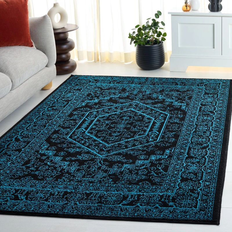 Safavieh Medallion Indoor Woven Rectangle Area Rug, Adirondack Collection, ADR108, in Black/Teal, 183 X 274 cm for Living Room, Bedroom or Any Indoor Space