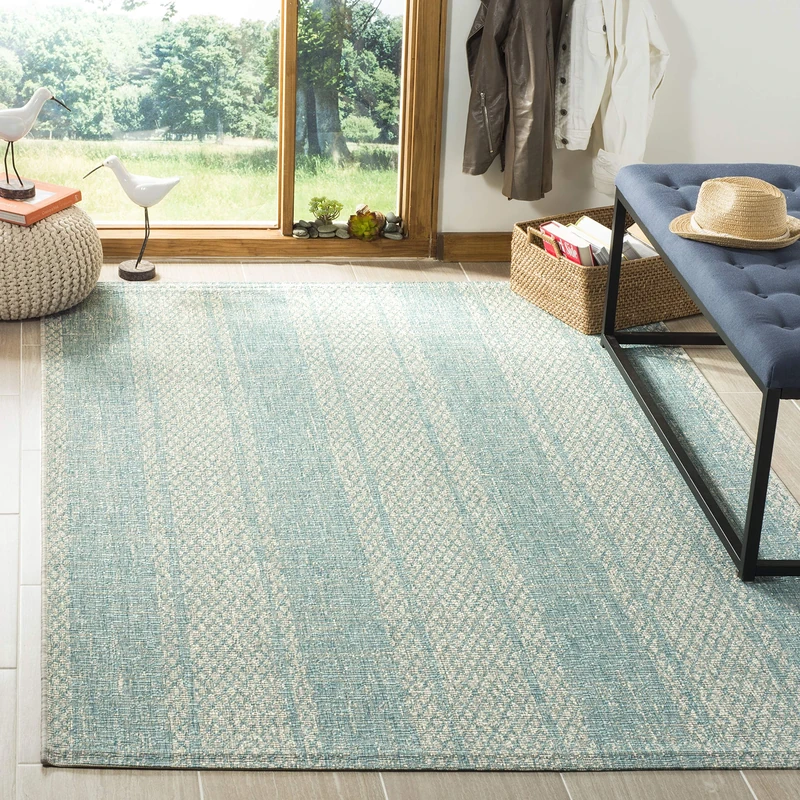 Safavieh Contemporary Indoor/Outdoor Woven Rectangle Area Rug, Courtyard Collection, CY8736, in Light Grey / Aqua, 160 X 231 cm for Garden, Patio or Any Outdoor Space