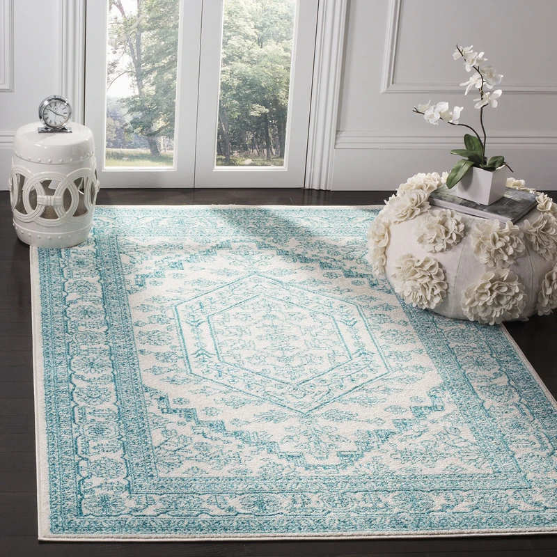 Safavieh Medallion Indoor Woven Rectangle Area Rug, Adirondack Collection, ADR108, in Ivory/Teal, 183 X 274 cm for Living Room, Bedroom or Any Indoor Space