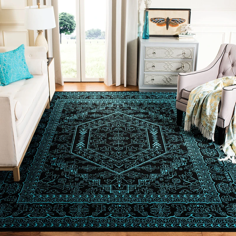 Safavieh Medallion Indoor Woven Rectangle Area Rug, Adirondack Collection, ADR108, in Black/Teal, 155 X 229 cm for Living Room, Bedroom or Any Indoor Space