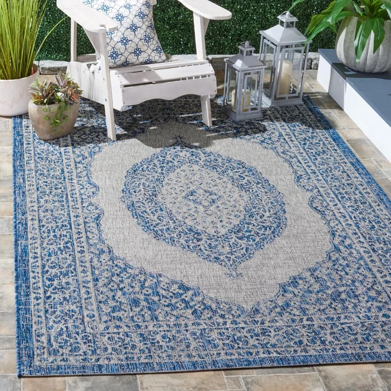 Safavieh Contemporary Indoor/Outdoor Woven Rectangle Area Rug, Courtyard Collection, CY8751, in Light Grey / Blue, 201 X 290 cm for Garden, Patio or Any Outdoor Space