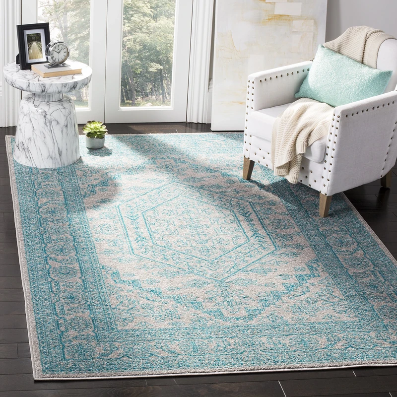 Safavieh Medallion Indoor Woven Rectangle Area Rug, Adirondack Collection, ADR108, in Light Grey/Teal, 155 X 229 cm for Living Room, Bedroom or Any Indoor Space
