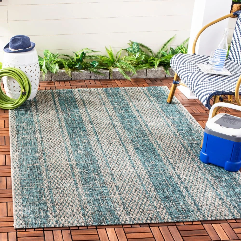 SAFAVIEH Contemporary Rug for Indoor & Outdoor - Courtyard Collection, Short Pile, in Light Grey and Teal color, 201 X 290 cm