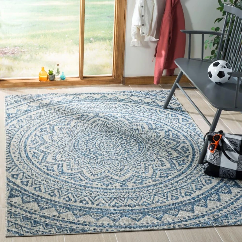 Safavieh Contemporary Indoor/Outdoor Woven Rectangle Area Rug, Courtyard Collection, CY8734, in Light Grey / Blue, 160 X 231 cm for Garden, Patio or Any Outdoor Space