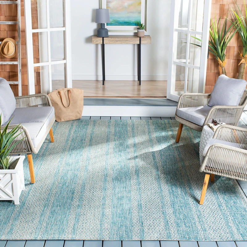 Safavieh Contemporary Indoor/Outdoor Woven Rectangle Area Rug, Courtyard Collection, CY8736, in Light Grey / Aqua, 201 X 290 cm for Garden, Patio or Any Outdoor Space