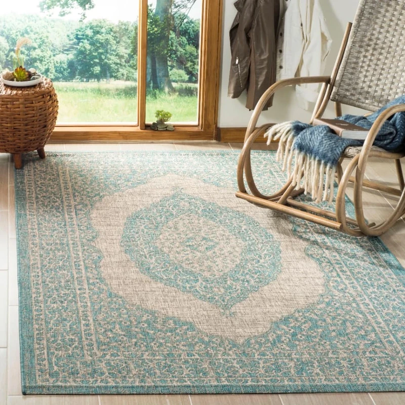 Safavieh Contemporary Indoor/Outdoor Woven Rectangle Area Rug, Courtyard Collection, CY8751, in Light Grey / Aqua, 201 X 290 cm for Garden, Patio or Any Outdoor Space