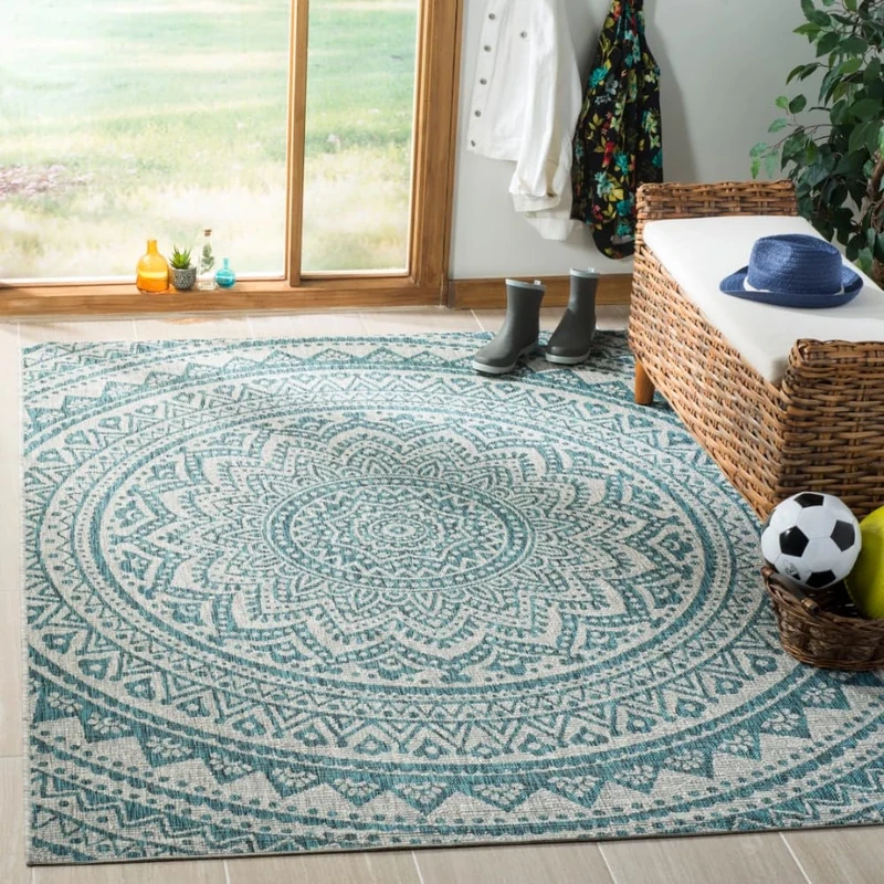 SAFAVIEH Contemporary Rug for Indoor & Outdoor - Courtyard Collection, Short Pile, in Light Grey and Teal color, 201 X 290 cm - Image 1
