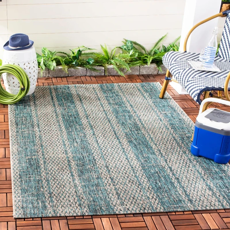 Safavieh Contemporary Indoor/Outdoor Woven Rectangle Area Rug, Courtyard Collection, CY8736, in Light Grey / Teal, 122 X 170 cm for Garden, Patio or Any Outdoor Space