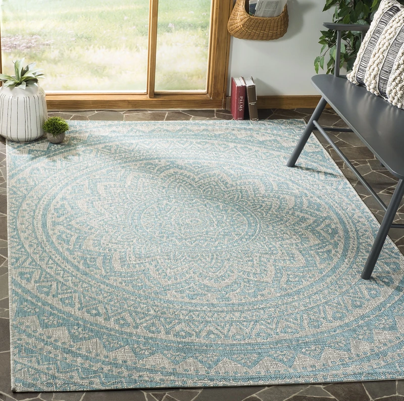 Safavieh Contemporary Indoor/Outdoor Woven Rectangle Area Rug, Courtyard Collection, CY8734, in Light Grey / Aqua, 201 X 290 cm for Garden, Patio or Any Outdoor Space