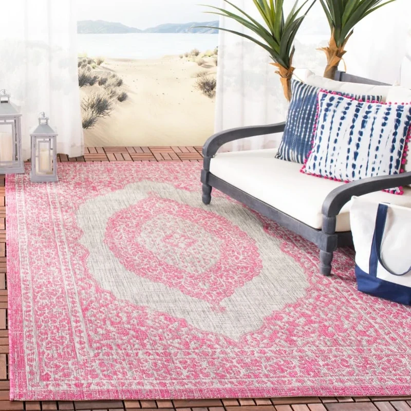 Safavieh Contemporary Indoor/Outdoor Woven Rectangle Area Rug, Courtyard Collection, CY8751, in Light Grey / Fuchsia, 201 X 290 cm for Garden, Patio or Any Outdoor Space