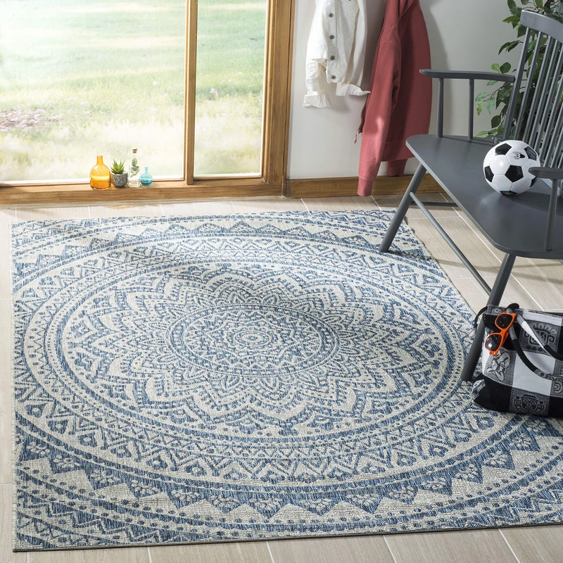 Safavieh Contemporary Indoor/Outdoor Woven Rectangle Area Rug, Courtyard Collection, CY8734, in Light Grey / Blue, 79 X 152 cm for Garden, Patio or Any Outdoor Space