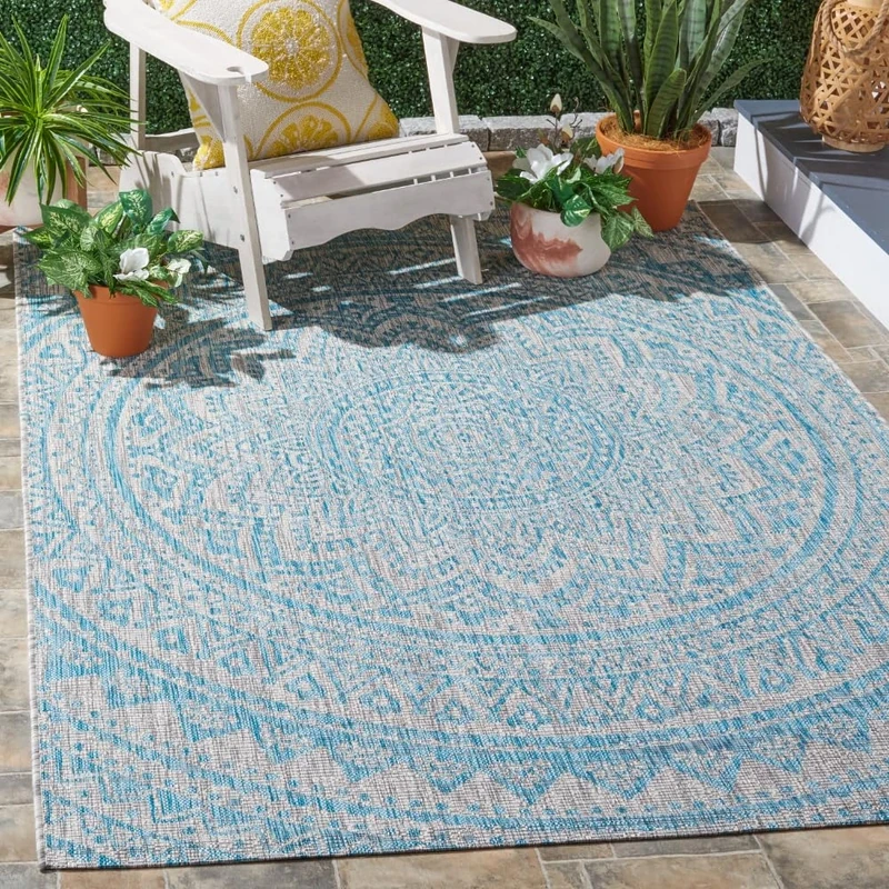 Safavieh Contemporary Indoor/Outdoor Woven Rectangle Area Rug, Courtyard Collection, CY8734, in Light Grey / Aqua, 122 X 170 cm for Garden, Patio or Any Outdoor Space