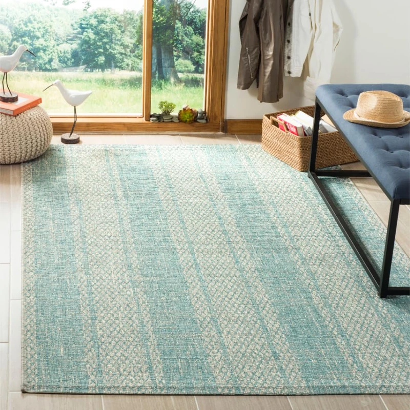 Safavieh Contemporary Indoor/Outdoor Woven Rectangle Area Rug, Courtyard Collection, CY8736, in Light Grey / Aqua, 122 X 170 cm for Garden, Patio or Any Outdoor Space