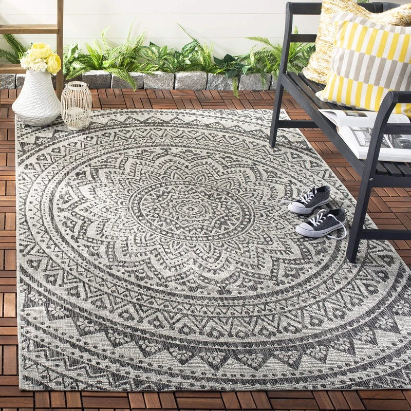 Safavieh Contemporary Indoor/Outdoor Woven Rectangle Area Rug, Courtyard Collection, CY8734, in Light Grey / Black, 122 X 170 cm for Garden, Patio or Any Outdoor Space