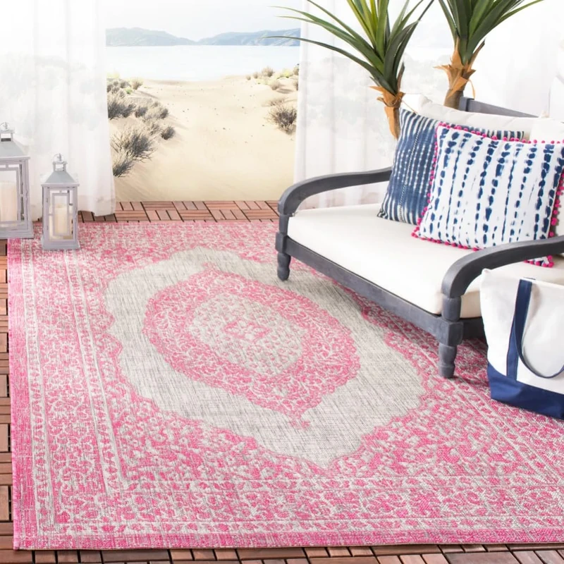 Safavieh Contemporary Indoor/Outdoor Woven Rectangle Area Rug, Courtyard Collection, CY8751, in Light Grey / Fuchsia, 160 X 231 cm for Garden, Patio or Any Outdoor Space