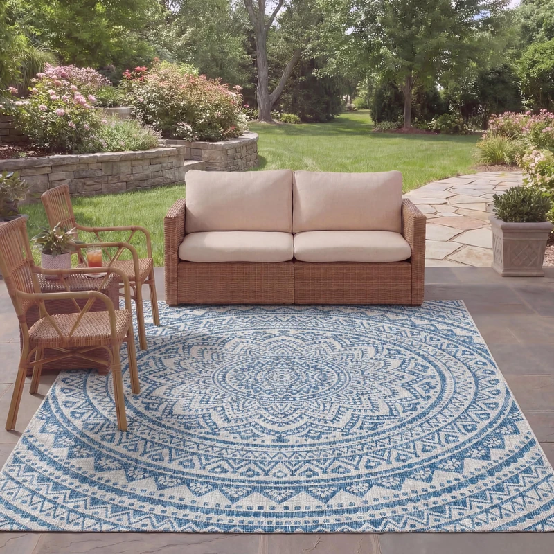 Safavieh Contemporary Indoor/Outdoor Woven Rectangle Area Rug, Courtyard Collection, CY8734, in Light Grey / Blue, 201 X 290 cm for Garden, Patio or Any Outdoor Space - Image 1