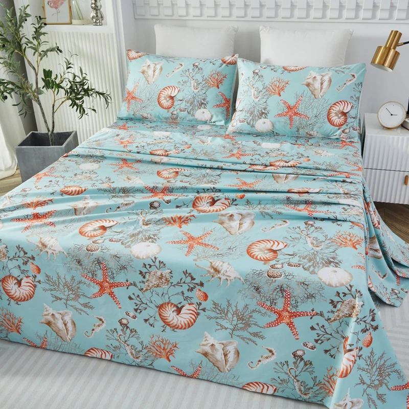 Brandream Queen Size Nautical Bedding Coastal Beach Themed Sheets Set 100% Cotton Bed Sheet Set Deep Pocket 4Pcs Fitted Sheet Flat Sheet Pillowcases Set 800TC