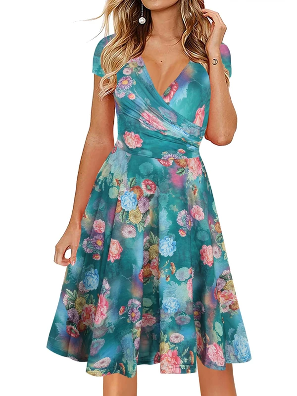 oxiuly Women's V-Neck Cap Sleeve Floral Casual Work Stretchy Swing Dress OX233 - Green -