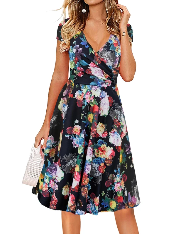 oxiuly Women's V-Neck Cap Sleeve Floral Casual Work Stretchy Swing Dress OX233 - Black -