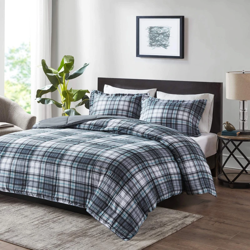 Madison Park Essentials Plaid Comforter, Matching Sham, 3M Scotchguard Stain Release Cover, Hypoallergenic All Season Bedding-Set, Microfiber, Grey, Full/Queen - Image 1