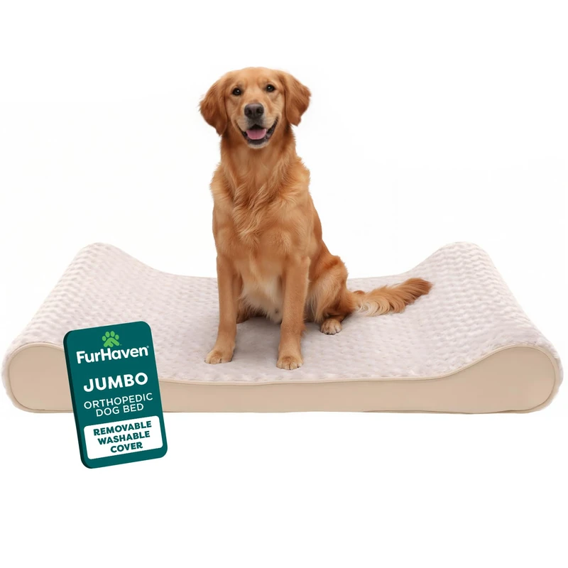 FurHaven Orthopedic Dog Bed for Large Dogs w/Removable Washable Cover, For Dogs Up to 75 lbs - Ultra Plush Faux Fur & Suede Luxe Lounger Contour Mattress - Cream, Jumbo/XL