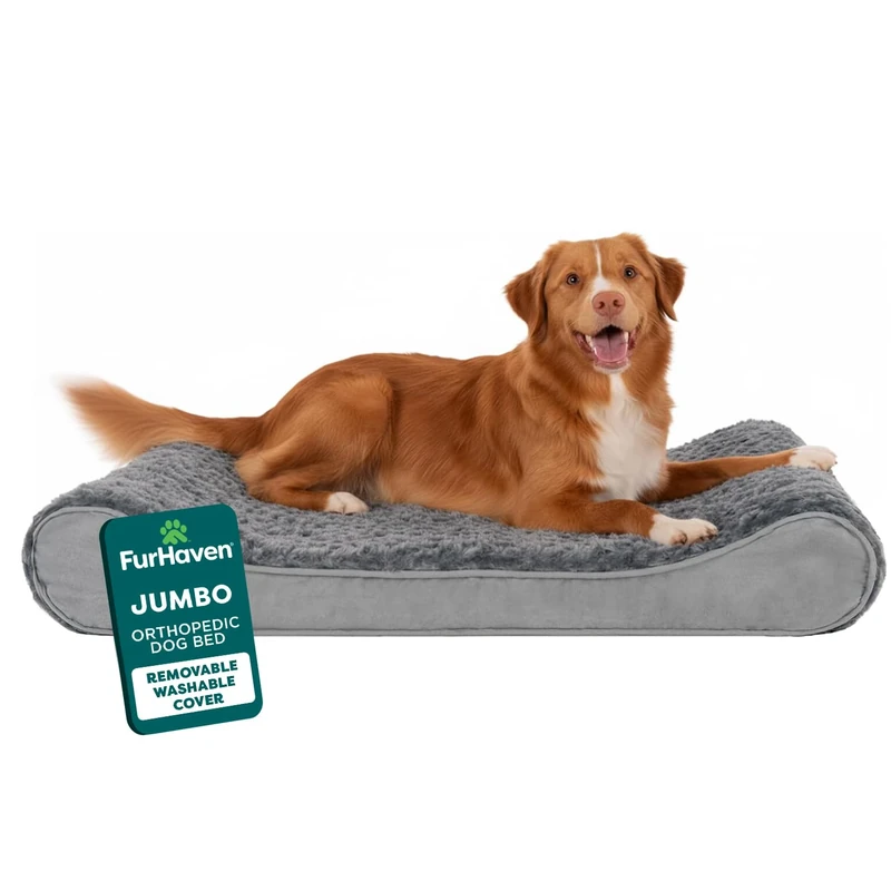 Furhaven Orthopedic Dog Bed for Large Dogs w/Removable Washable Cover, For Dogs Up to 75 lbs - Ultra Plush Faux Fur & Suede Luxe Lounger Contour Mattress - Gray, Jumbo/XL