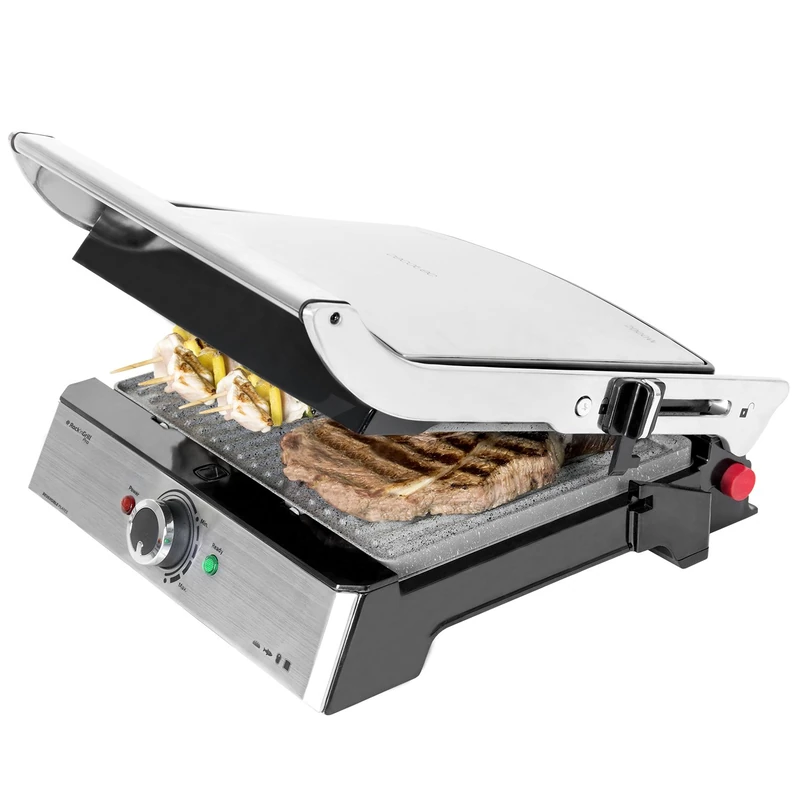 Cecotec Rock'nGrill Pro Electric Grill, Rockstone Stone Coating, Removable and Reversible Plates, 180° Opening, Wide Surface, 34 x 23 cm, Stainless Steel