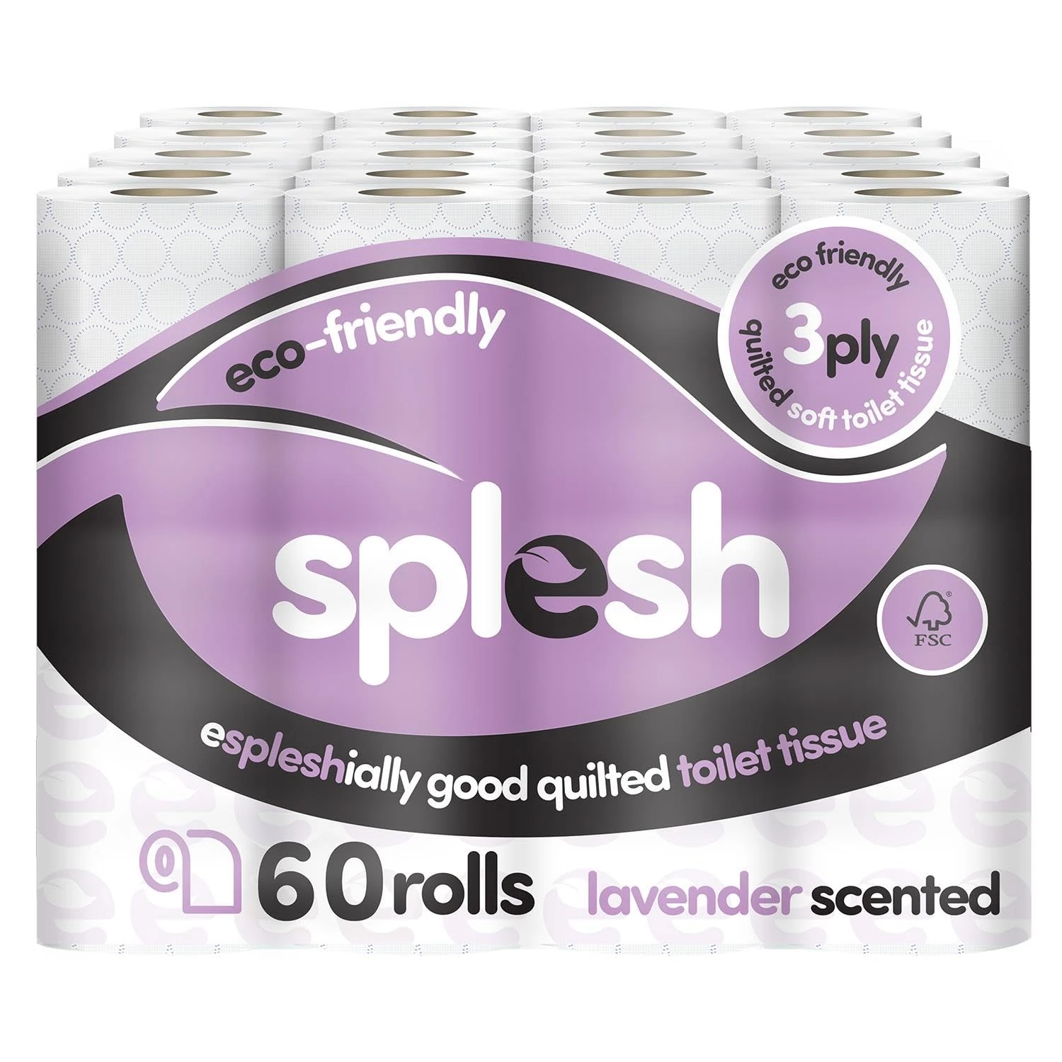 Splesh by Cusheen Toilet Roll 60 Rolls - Lavender Scent Bulk Family Pack | Soft 3 Ply Quilted Bathroom Tissue Loo Rolls | Eco-Friendly, Sustainable Toilet Paper
