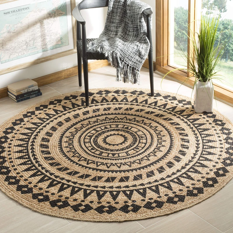 Safavieh Natural Fiber Rug for Living Room, Dining Room, Bedroom - Natural Fiber Collection, Short Pile, in Natural and Black, 91 X 91 cm - Image 1