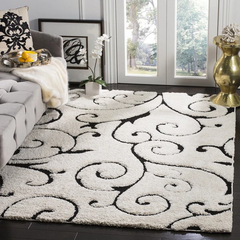 Safavieh Shaggy Rug for Living Room, Dining Room, Bedroom - Florida Shag Collection, High Pile, in Ivory and Black, 160 X 229 cm