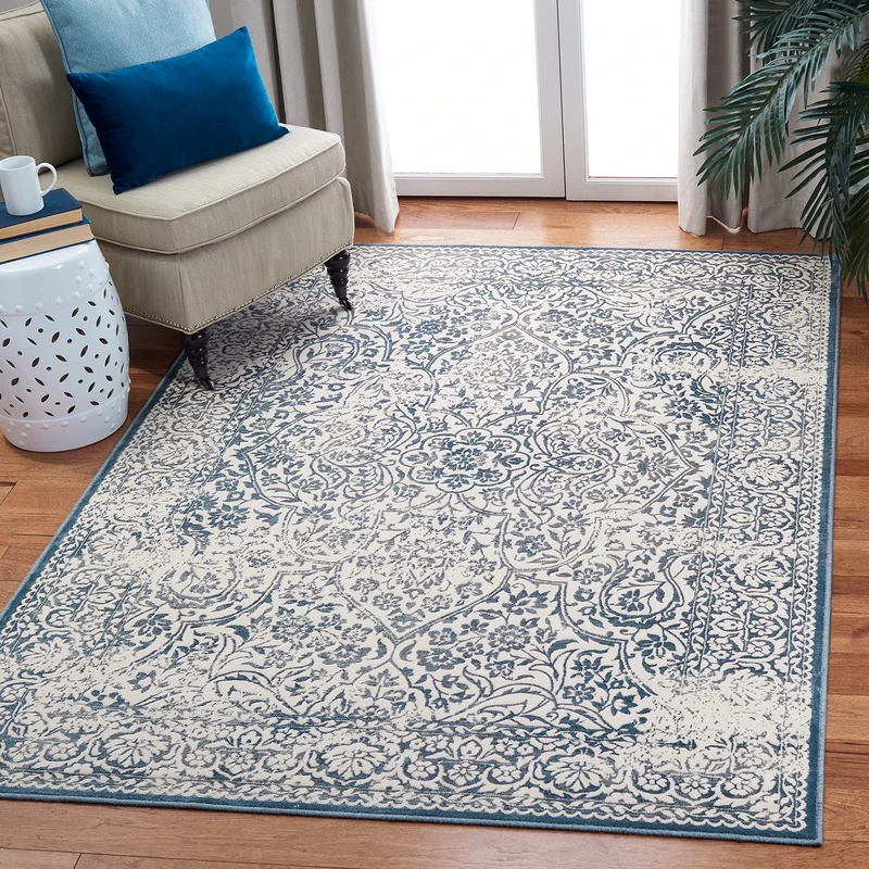Safavieh Transitional Indoor Woven Rectangle Area Rug, Noble Collection, NBL612, in Blue / Ivory, 122 X 170 cm for Living Room, Bedroom or Any Indoor Space