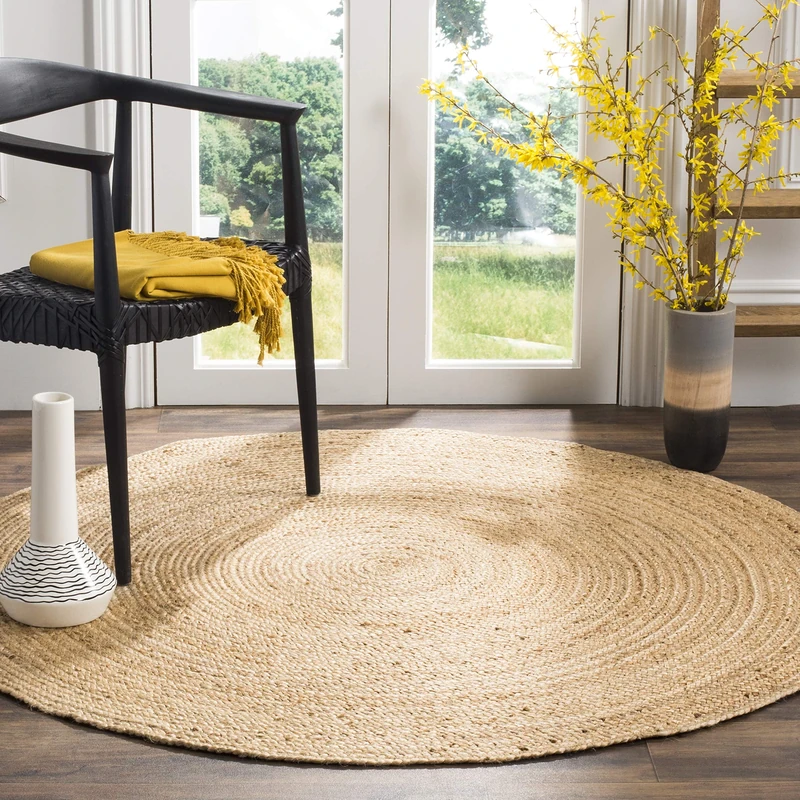 SAFAVIEH Natural Fiber Collection Area Rug - 5' Round, Natural & Natural, Handmade Boho Braided Jute, Ideal for High Traffic Areas in Living Room, Bedroom (NF801N)
