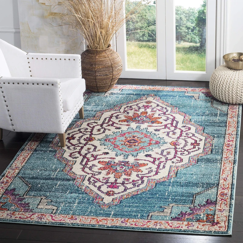 Safavieh Boho Chic Indoor Woven Rectangle Area Rug, Monaco Collection, MNC254, in Blue/Multi, 155 X 231 cm for Living Room, Bedroom or Any Indoor Space