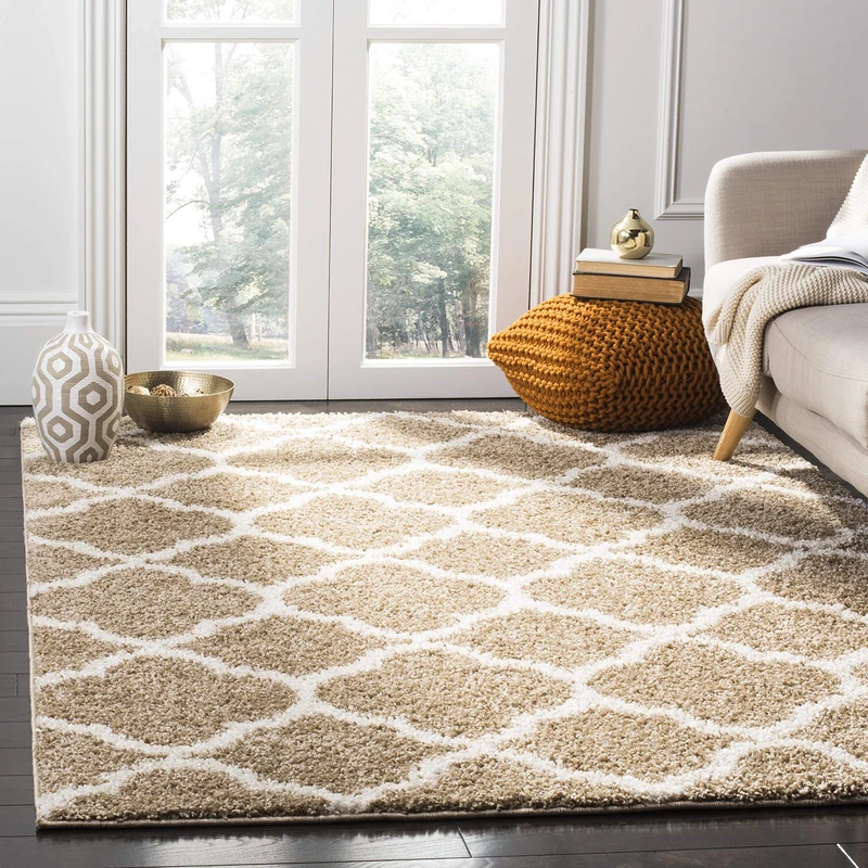 Safavieh Shaggy Indoor Woven Rectangle Area Rug, New York Shag Collection, SG168, in Dark Beig / Ivory, 155 X 229 cm for Living Room, Bedroom or Any Indoor Space