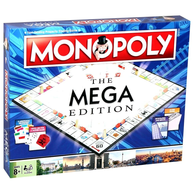 Winning Moves Mega Monopoly Board Game, 12 extra spaces including Downing Street, Saville Row and Knightsbridge, Invest in Skyscrapers, for ages 8 plus
