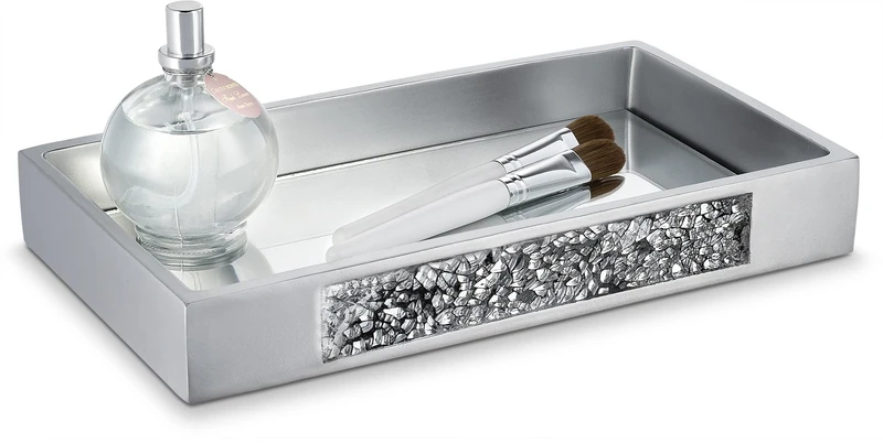 DWELLZA Bathroom Tray for Counter - Vanity Tray for Bathroom - Perfume Tray for Dresser and Silver Mirror Tray for All Bathroom Accessories, Cosmetics Perfume and Makeup Organizer (Silver Gray) - Image 1