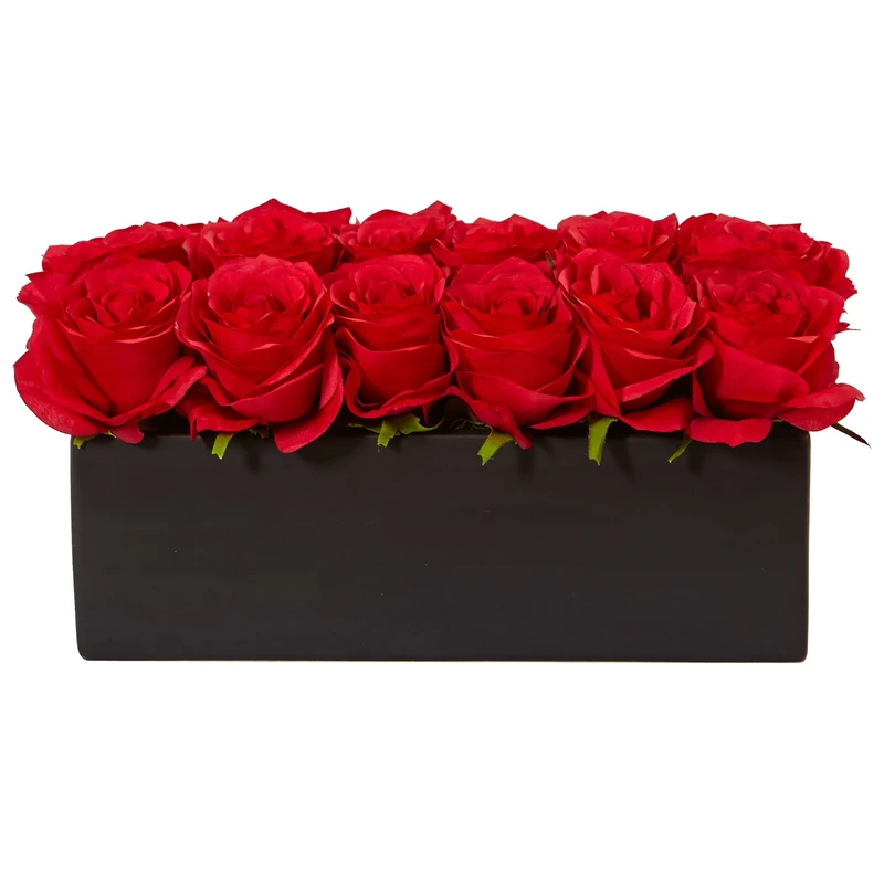 Nearly Natural 1 Dozen Silk Roses in Rectangular Planter, Red