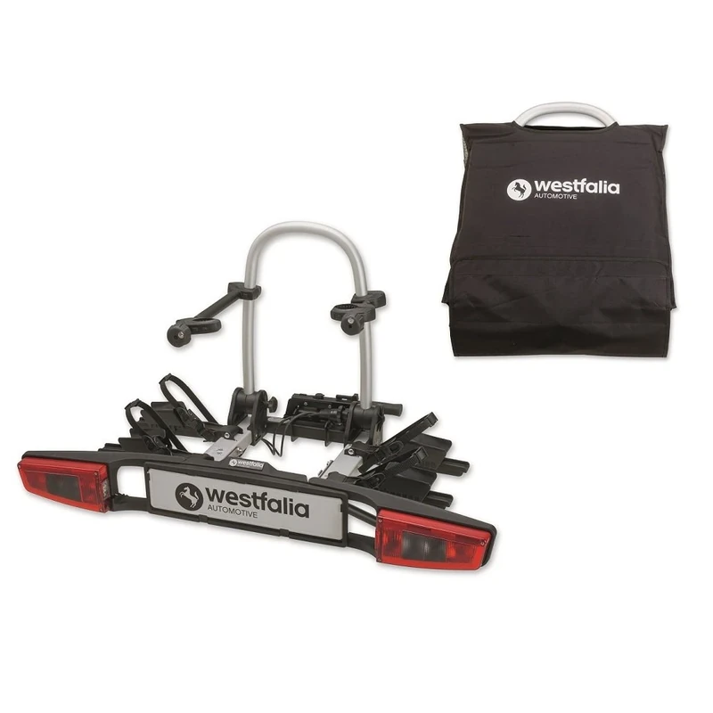 Westfalia Bikelander Bike Rack for Towbars | incl. Bag | Bike Carrier for 2 Bicycles | Suitable for E-bikes | Foldable | LED Hybrid Lights, black, silver