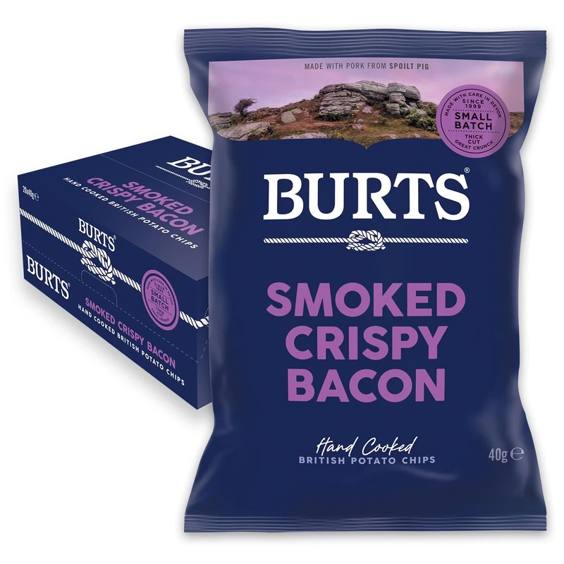 Burts Smoked Crispy Bacon Hand Cooked Burts Crisps - 20 x 40 g Multipack Box - Gluten Free, Hydrogenated Fat Free, Non-GMO - Smoked Crispy Bacon Burts Potato Chips