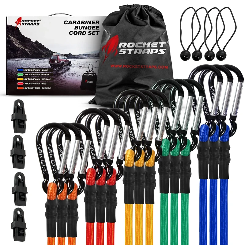 ROCKET STRAPS Bungee Cords | Premium Heavy Duty Outdoor Carabiner Bungee Cords with Hooks | Bungee Cord Assortment Includes | Tie Downs | Ball Bungees | (4) Tarp Clips | Bungie Cord Straps