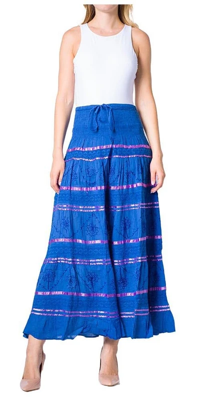 Sakkas 0604 Lace and Ribbon Peasant Boho Skirt - Navy - OS
