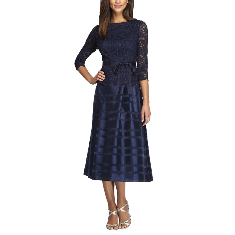 Alex Evenings Women's Tea Length A-line Dress with Tie Belt (Petite and Regular Sizes) Special Occasion, Navy, 16
