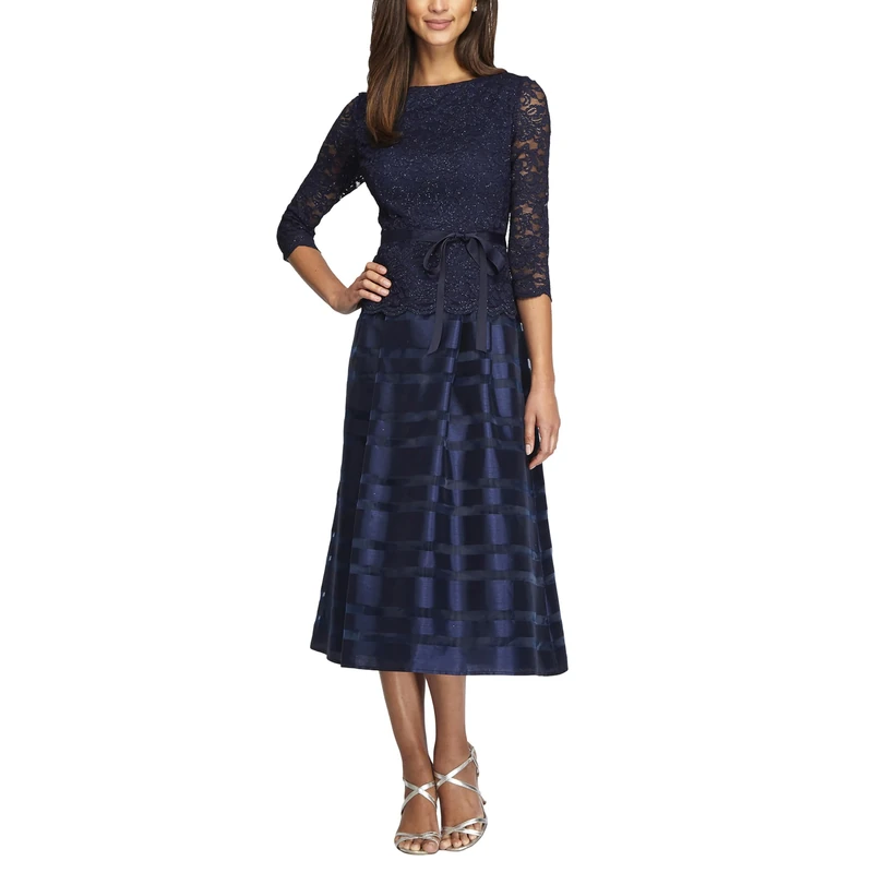 Alex Evenings Women's Tea Length A-line Dress with Tie Belt (Petite and Regular Sizes) Special Occasion, Navy, 22